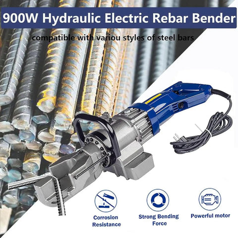 Heavy Duty Electric Hydraulic Rebar Bender Machine For Construction Use bends 4-16 mm steel bars, featuring a powerful 900W motor.