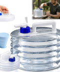 Collapsible Water Container With Spigot BPA Free Foldable Water Storage Jug With Handle shown in use camping