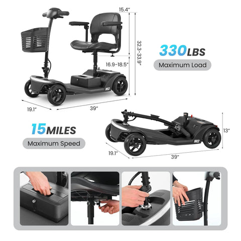 Mobility scooter M2 black with front basket and adjustable tiller; 330 lb max load, 15-mile range, folded view