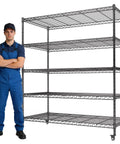 Beefy 5 Tier Wire Shelving Unit With Wheels Heavy Duty 48W X 24D X 72H Adjustable Garage Pantry Kitchen Storage, Metal Shelving System, 3200 Lbs Static Load, 640 Lbs Per Shelf with worker for scale