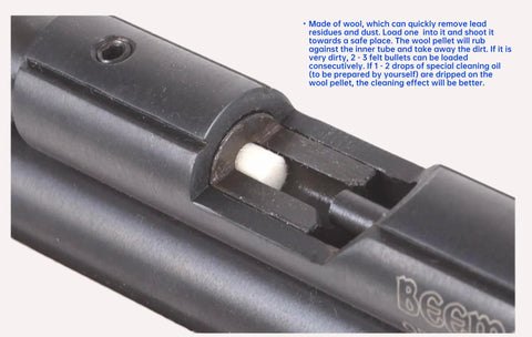 Close-up of 300 Count.25 Caliber Airgun Cleaning Pellets in cotton wool felt loaded in an air rifle for maintenance