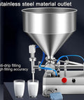 Badass Heavy Duty Smooth Running Horizontal Pneumatic Liquid Filling Machine With 30L Hopper For Perfume Beverage Paste Production In Small Biz Shops At 1000Ml showing stainless steel material outlet and anti-drip filling.