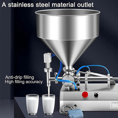 Badass Heavy Duty Smooth Running Horizontal Pneumatic Liquid Filling Machine With 30L Hopper For Perfume Beverage Paste Production In Small Biz Shops At 1000Ml showing stainless steel material outlet and anti-drip filling.