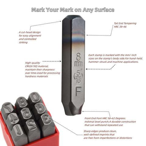 36 Piece Heavy Duty Steel Stamp Set With Uppercase Letters And Numbers 2mm Punch Kit showing detailed metal engravings