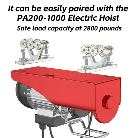 Six Wheel Trolley Assembly For Electric Hoist With Silent Rollers displayed with PA200-1000 Hoist for Unistrut compatibility