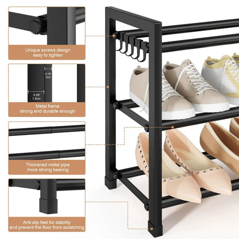 Expandable Shoe Rack With Adjustable Width From 18.5 To 48 Inches, 3 Tier Metal Shoe Organizer in black holding shoes