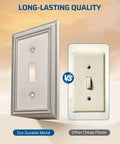 Comparison of Tough As Nails Metal Wall Plate For Single Toggle Switch Covers, Corrosion Resistant Brushed Nickel Finish vs. plastic