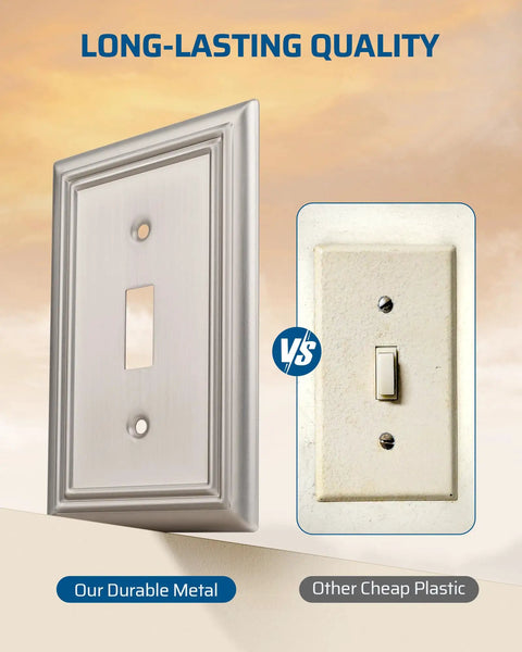 Comparison of Tough As Nails Metal Wall Plate For Single Toggle Switch Covers, Corrosion Resistant Brushed Nickel Finish vs. plastic