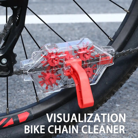 Ultimate Bike Chain Cleaning Kit with Deep 360 Degree Clean attached to bike chain, red scrubber visible