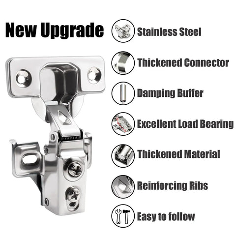 Image of stainless steel cabinet hinge with features listed: thickened connector, damping buffer, excellent load bearing, and reinforcing ribs.