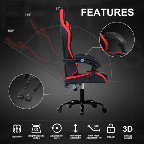 Ergonomic High Back Gaming Chair With Height Adjustable Recline 300 Lbs Capacity Linkage Armrests Side View