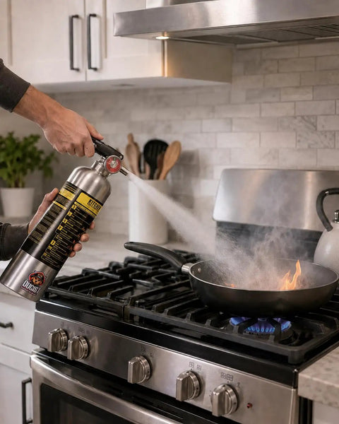 Class K Kitchen Fire Extinguisher Built For Fast Grease Cooking Flare Ups, Two Pack Of 34 Fl Oz Wet Chemical Sprayers in use.