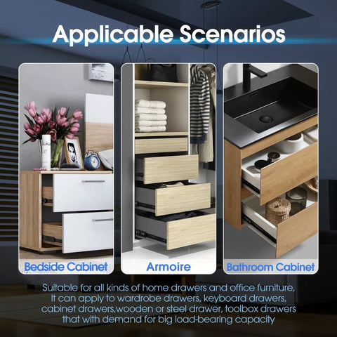 Top Shelf Soft Close Drawer Slides, 5 Pair Full Extension Ball Bearing Tracks in multiple drawer scenarios.