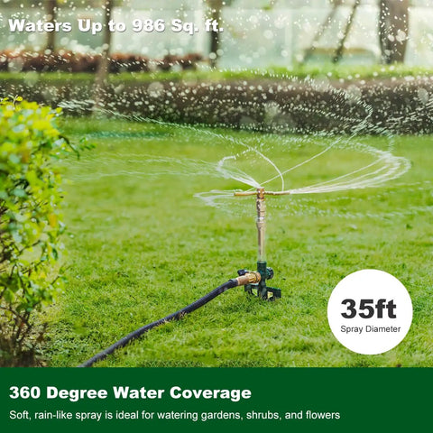 2 Pack Metal Lawn Sprinklers With Adjustable Telescoping Base 3 Arm Sprinkler 360 Degree Rotation watering a lawn
