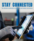 Person using touch screen with Nitrile Coated Work Gloves With MicroFoam Grip, Seamless Knit Nylon, Medium Size M 12