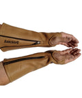 Kickass Genuine Cowhide Arm Chaps And Slip Resistant Sleeves Lock Down Tight to block cuts, with zippered closure and open thumb.