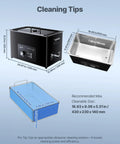 Pro Grade 30 Liter Ultrasonic Cleaner With 40 Khz Waves And Degassing Mode, dimensions and basket shown for clean parts.