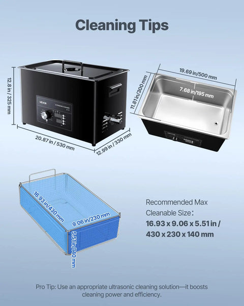 Pro Grade 30 Liter Ultrasonic Cleaner With 40 Khz Waves And Degassing Mode, dimensions and basket shown for clean parts.