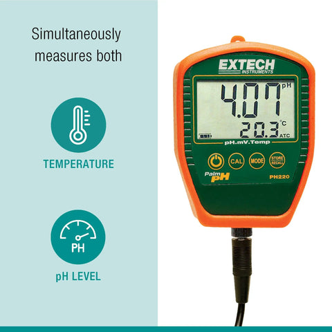 Waterproof Palm PH Meter With Cabled Electrode Handy Handheld PH Tester For Soil Water And Food Testing Quick Readout Durable Portable Design Great For Field Work showing temperature and pH readings.
