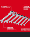 7 Piece Ratchet Set With 72 Tooth Quick Engagement Box End, 180 Degree Flex Head For Tight Spaces, Solid Chrome Finish
