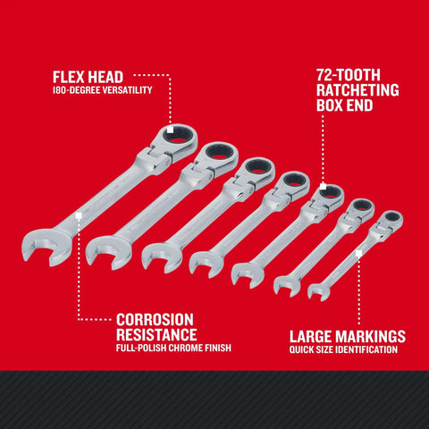 7 Piece Ratchet Set With 72 Tooth Quick Engagement Box End, 180 Degree Flex Head For Tight Spaces, Solid Chrome Finish