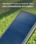 Close-up of Portable Solar Panel With Foldable 4 Panel Design, 28W Charging Power, Dual USB A Ports for phone on camping, green field.