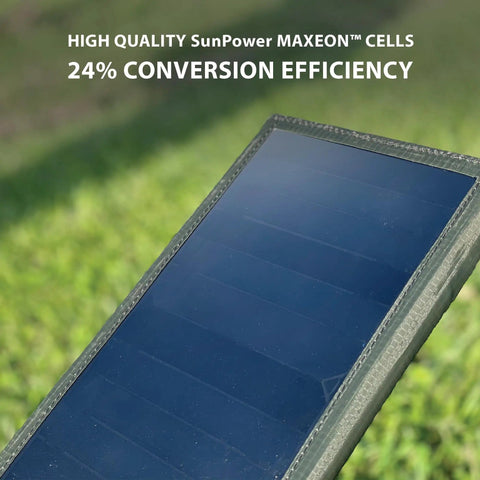 Close-up of Portable Solar Panel With Foldable 4 Panel Design, 28W Charging Power, Dual USB A Ports for phone on camping, green field.