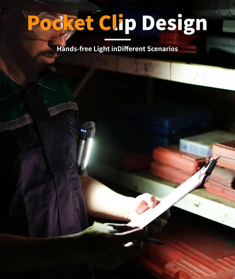 Person using Magnetic Work Light For Car Repair And Emergency Use 800 Lumens Rechargeable With 2200 mAh Battery Foldable
