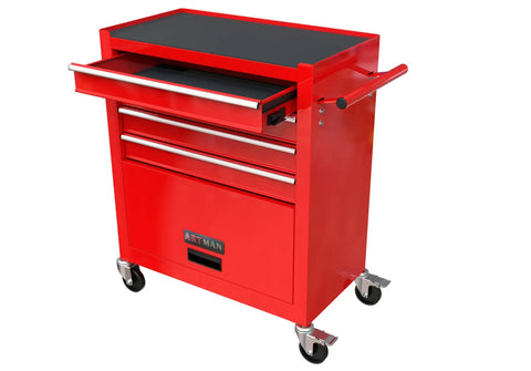 Red 4 Drawer Rolling Tool Cabinet With 4 Wheels And Parking Brakes 24.4 Inch Mobile Tool Chest With Ball Bearing Drawers For Garage Warehouse And Workshop Workhorse Heavy Duty Metal Storage Chest For Tools And Parts, front view