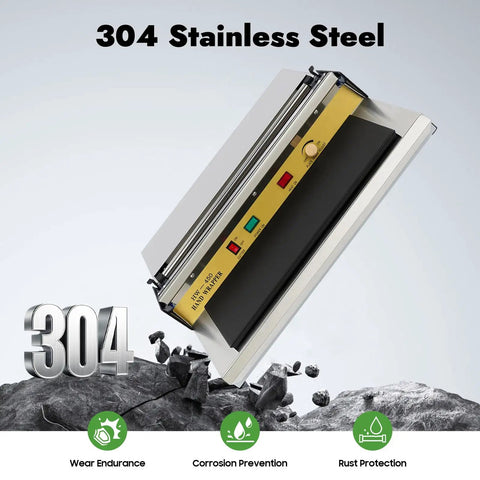 Heavy Duty 18 Inch Hand Wrapping Machine Pro Level Food Film Sealer With Lightning Fast Heat Stainless Steel Plastic Wrap Dispenser with controls and 304 stainless steel finish.