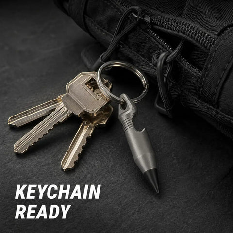 Mini Pencil EDC Pendant With Infinite Keychain attached to a black bag, showcasing the compact graphite pencil for quick notes.