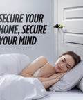 Woman sleeping with Blocklock Portable Door Lock For Travelers And Renters on door, promoting home security and peace of mind.