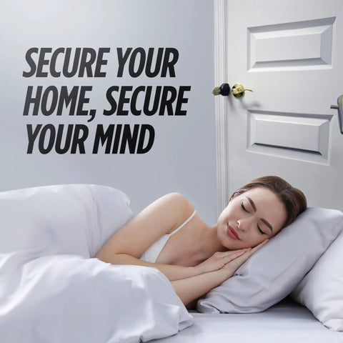 Woman sleeping with Blocklock Portable Door Lock For Travelers And Renters on door, promoting home security and peace of mind.
