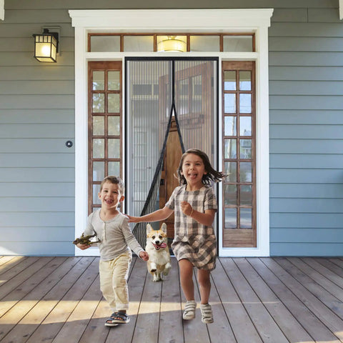 Children and a dog running through Reinforced Magnetic Screen Door 39x82 Inches Heavy Duty Hands Free Full Frame With Hook And Loop Strips