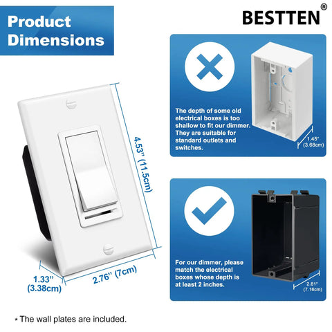 Six Pack Dimmable Light Switches For LED Halogen And Incandescent Bulbs No Neutral Needed Easy Fit Single Pole Or 3 Way With Wall Plate Included UL Listed 120V White dimensions guide