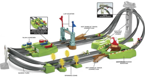 Hot Wheels Mario Kart Circuit Track Set with loop, booster, and racers on tracks, featuring Mario and Yoshi karts, Amazon exclusive