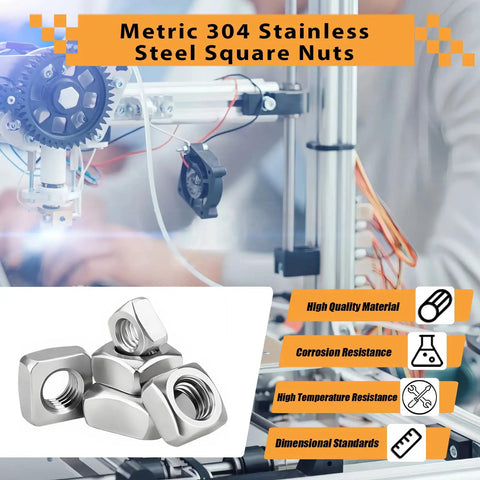 Rock Solid 50 Pack M6 Square Nuts Crafted From Genuine 304 Stainless Steel For Heavy Duty Auto Works And No Nonsense Hardware Fixes That Will Never Let You Down, displayed with robotic background.
