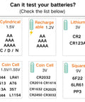 Image displaying battery types and specifications for the Straight Shooting Battery Tester for AA AAA C D and 9V household cells.