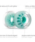 Close-up of Outdoor Roller Skate Wheels 38mm By 62mm 80A Turquoise 4 Pack, featuring durable urethane and nylon hub with glitter finish.