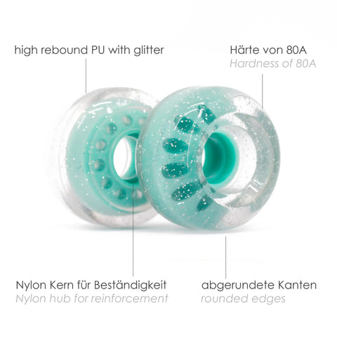 Close-up of Outdoor Roller Skate Wheels 38mm By 62mm 80A Turquoise 4 Pack, featuring durable urethane and nylon hub with glitter finish.