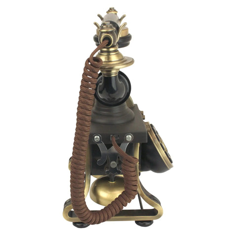Side view of Vintage Eiffel Tower Style Rotary Phone with Push Button Dialing, showcasing detailed cord and base design.