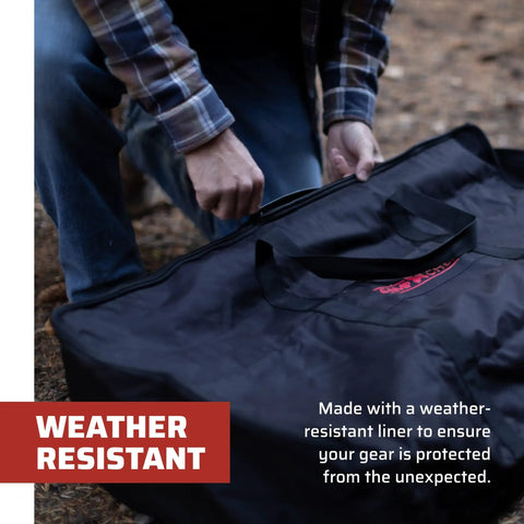 Person holding a Carry Bag For Two Burner Stoves Heavy Duty Case With Weather Resistant Liner Wrap Around Handles And EZ Glide Zippers