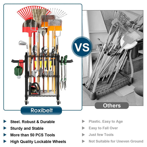 Comparison of T1 Garden Tool Organizer With Lockable Wheels Heavy Duty Garage Storage For Yard Shed Outdoor And Lawn Freestanding Tool Organizer Stores Up To 50 Tools Black With Anti Tip Device showing stability versus other products.