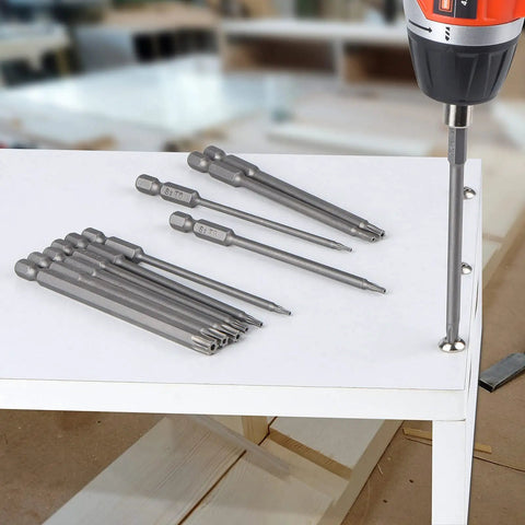 Torx Security Screwdriver Bit Set 10 Piece T6 To T40 With Quarter Inch Magnetic Hex Shank 4 Inch Long S2 Steel in use on table