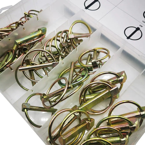 Locking Pin Assortment Kit With Fifty Pieces M4.5 M6 M8 M11 Spring Steel Annular Ring Clips For Farm Tractor Trailer Mower And Truck Repairs Heavy Duty Easy To Install High Quality Vehicle Maintenance, assorted spring steel pins in storage box