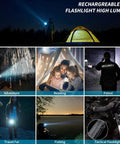Multiple scenes with a Rechargeable 100000 Lumen Tactical Flashlight, showcasing zoomable beam in outdoor and indoor use.