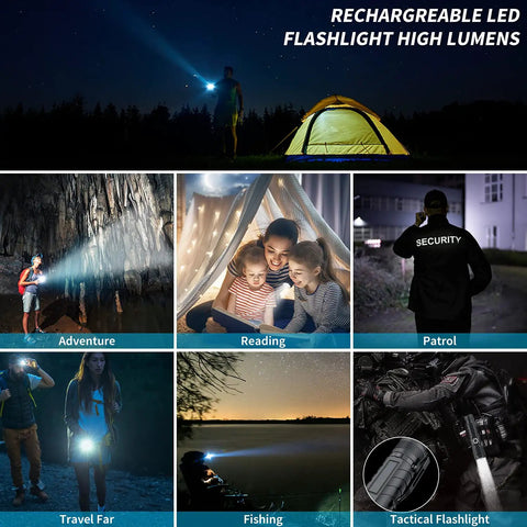 Multiple scenes with a Rechargeable 100000 Lumen Tactical Flashlight, showcasing zoomable beam in outdoor and indoor use.
