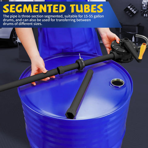 Heavy Duty 10 GPM Manual Drum Pump for Fast Liquid Transfer Across 15 To 55 Gallon Tanks with segmented tube assembly.