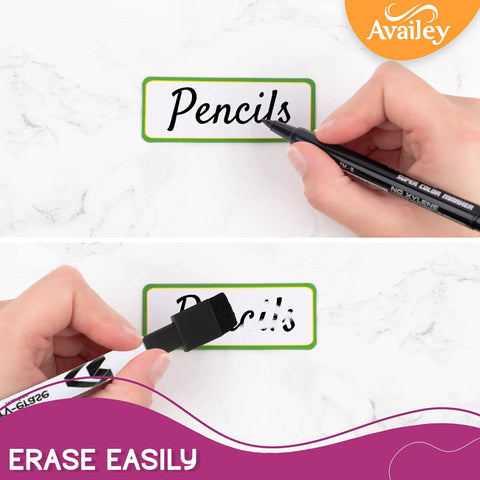 Person writing and erasing text on Color Border Magnetic Dry Erase Labels 48 Piece Bulk Pack Reusable Magnetic Strips for Classroom Home Office