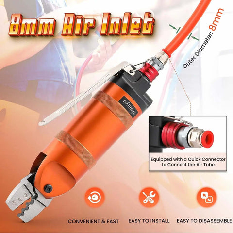 Beast Fast Pneumatic Wire Crimping Tool for Terminals 1.25mm to 2.0mm to 5.5mm, nipper style with 8mm air inlet and quick connector